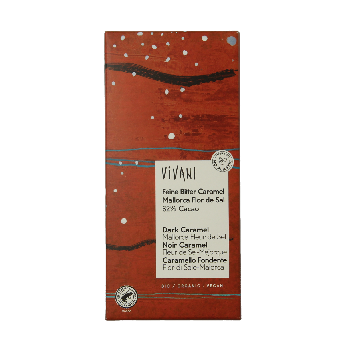 Vivani Puur Caramel Zeezout chocolate bar, 62% organic dark chocolate with caramel and sea salt, 80g.