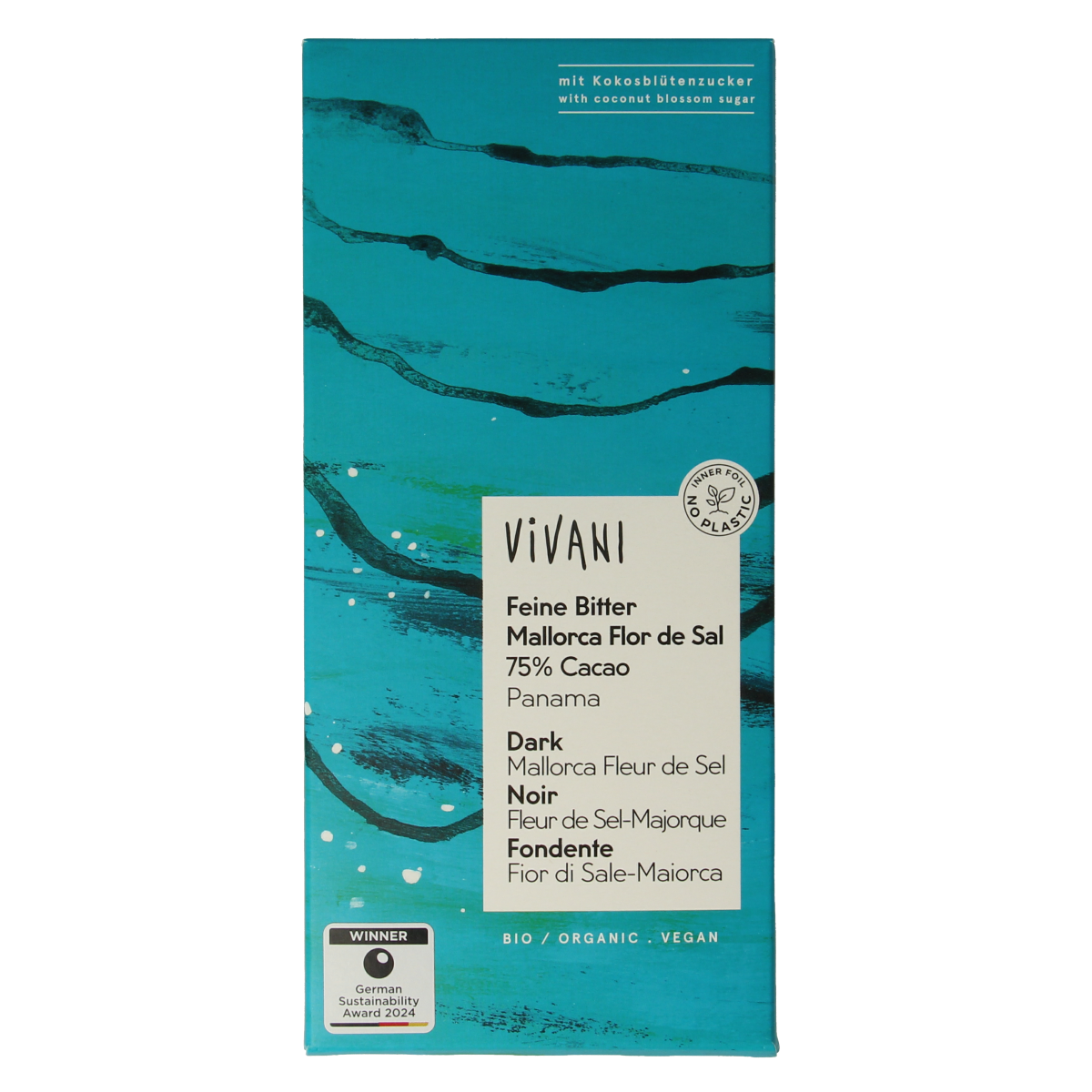 Vivani dark chocolate with sea salt and coconut blossom sugar, 80g, showcasing the chocolate bar with textured surface and ingredients.