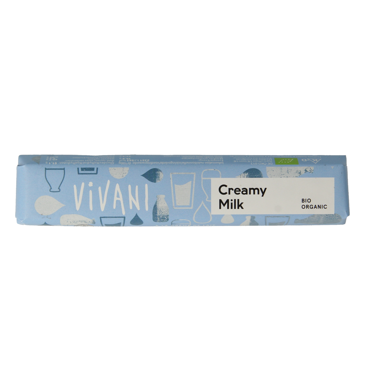 Creamy milk bio chocolate bar by Vivani, 40g, showcasing smooth chocolate with natural ingredients.