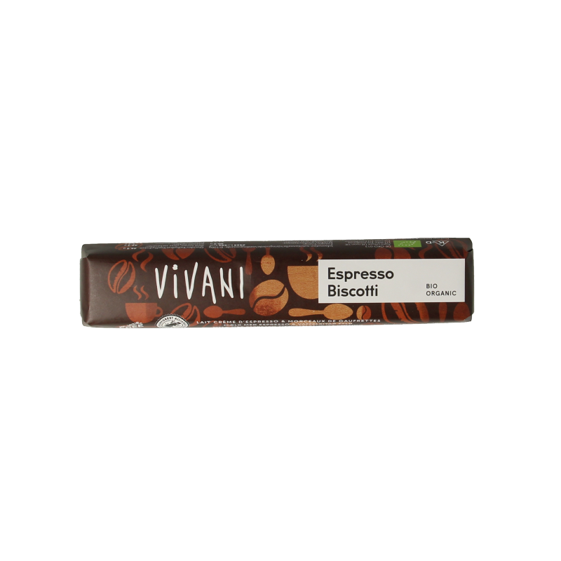 Vivani Chocolate To Go espresso biscotti bio 40g, soy-free chocolate biscotti with coffee flavor, crunchy and delicious.