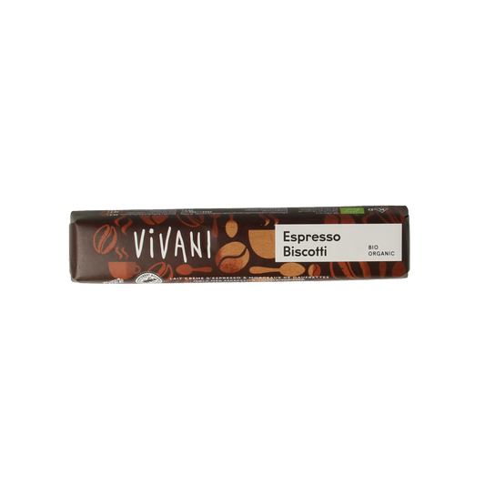 Vivani Chocolate To Go espresso biscotti bio 40g, soy-free chocolate biscotti with coffee flavor, crunchy and delicious.