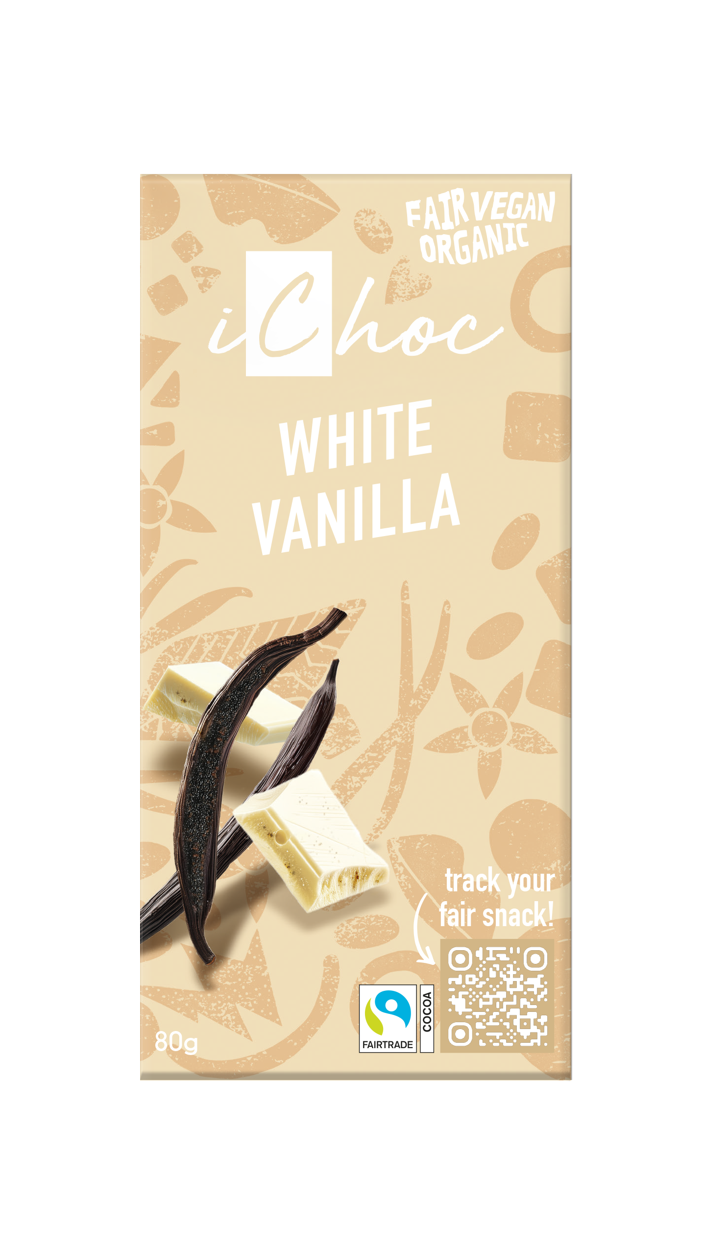 Ichoc White vanilla vegan organic chocolate bar, 80g, with white chocolate and vanilla flavor, showing the packaging and chocolate pieces.