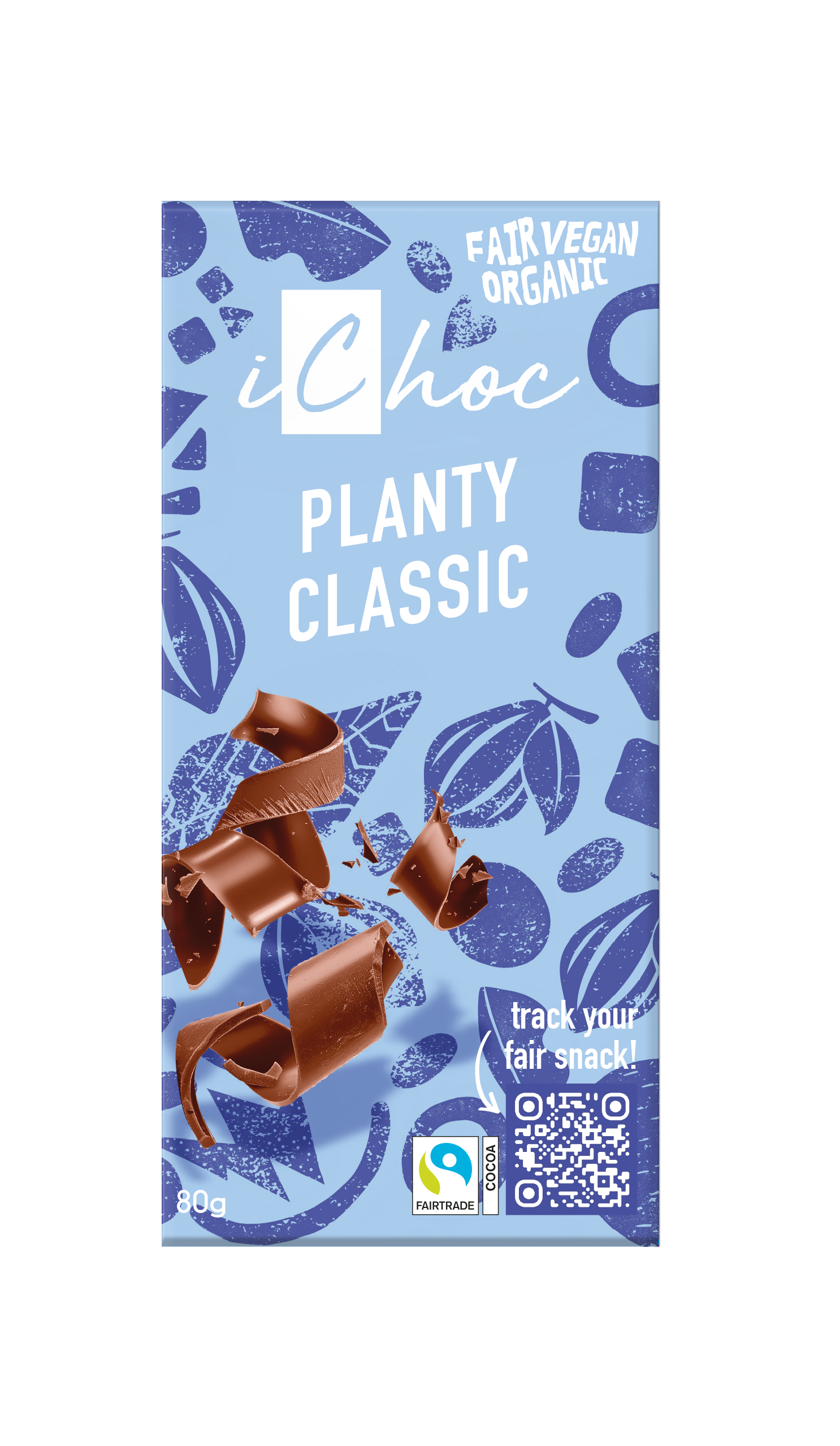Ichoc Planty Classic Vegan Organic Chocolate bar, 80 grams, with visible dark chocolate pieces and natural ingredients.