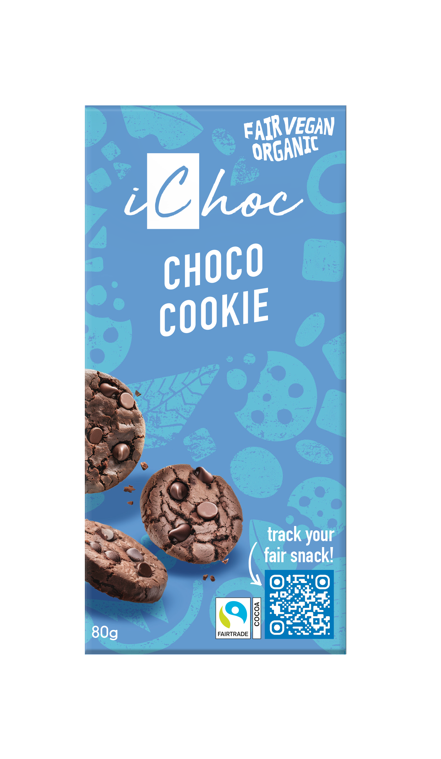Vegan Ichoc Choco Cookie chocolate bar with bio ingredients, 80g, showing a partially unwrapped chocolate bar with chocolate pieces inside.