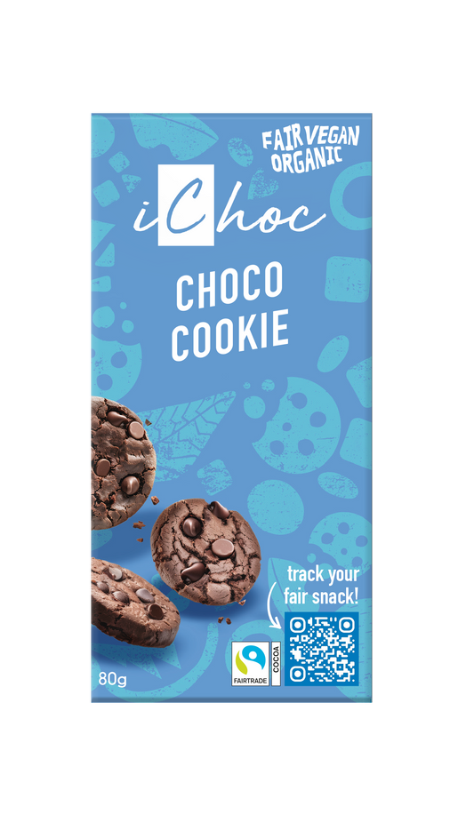 Vegan Ichoc Choco Cookie chocolate bar with bio ingredients, 80g, showing a partially unwrapped chocolate bar with chocolate pieces inside.