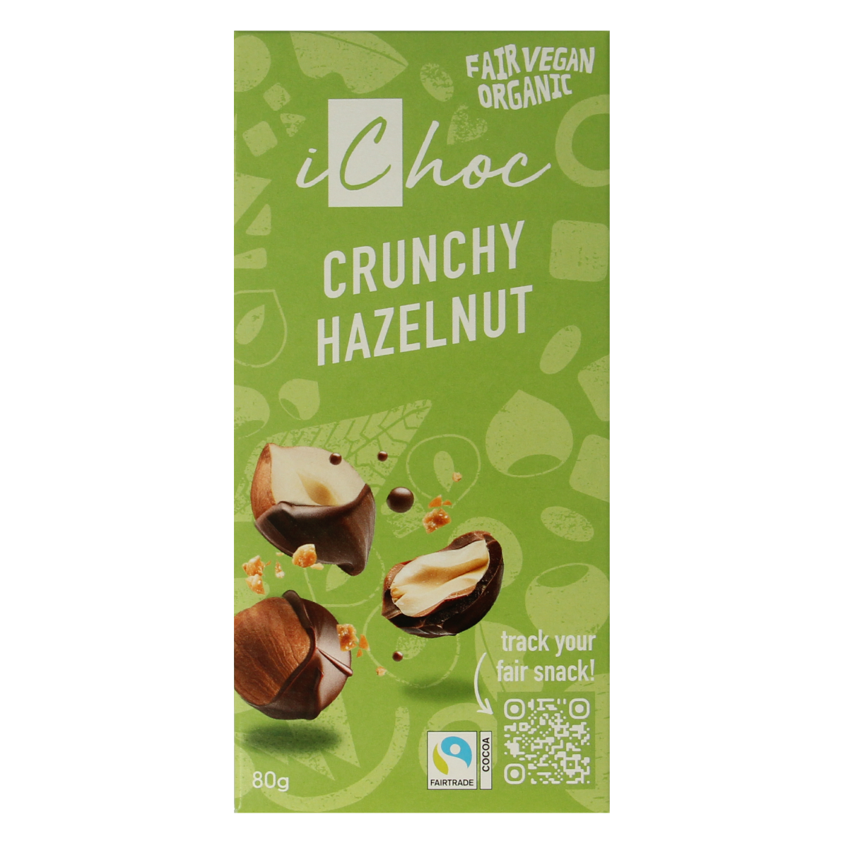 Vegan Ichoc crunchy hazelnut chocolate bar in 80g package, featuring a chocolate exterior with crunchy hazelnut pieces inside.