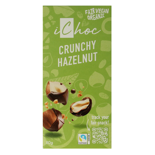 Vegan Ichoc crunchy hazelnut chocolate bar in 80g package, featuring a chocolate exterior with crunchy hazelnut pieces inside.