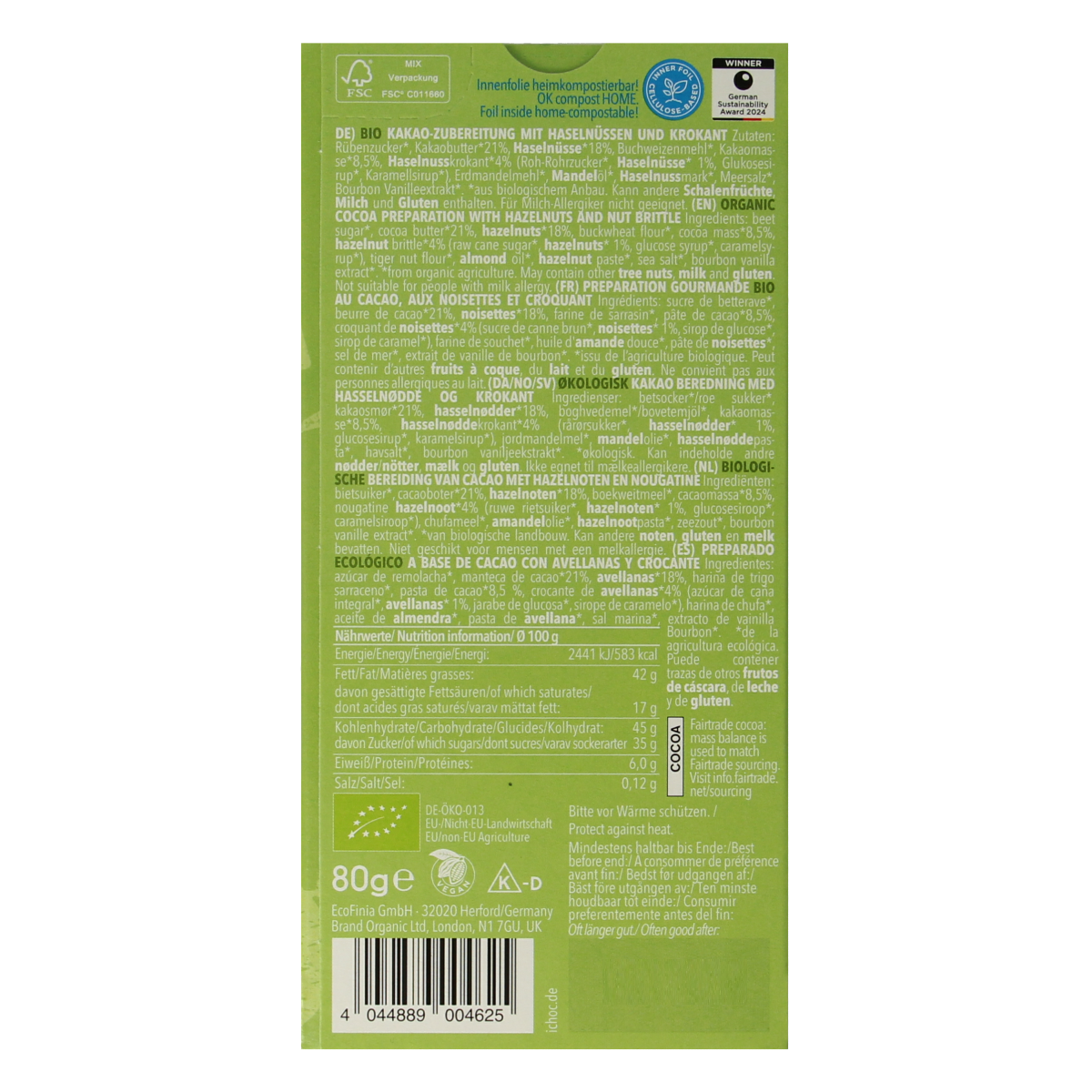 Vegan Ichoc Crunchy Hazelnut Chocolate bar, 80g, with visible hazelnut pieces and smooth chocolate coating.