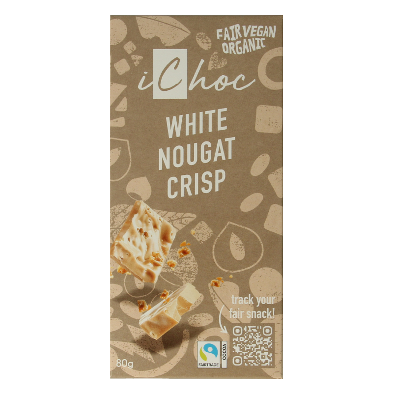 Ichoc white vegan nougat crisp chocolate bar, 80g, with a close-up of the textured chocolate and nougat filling.