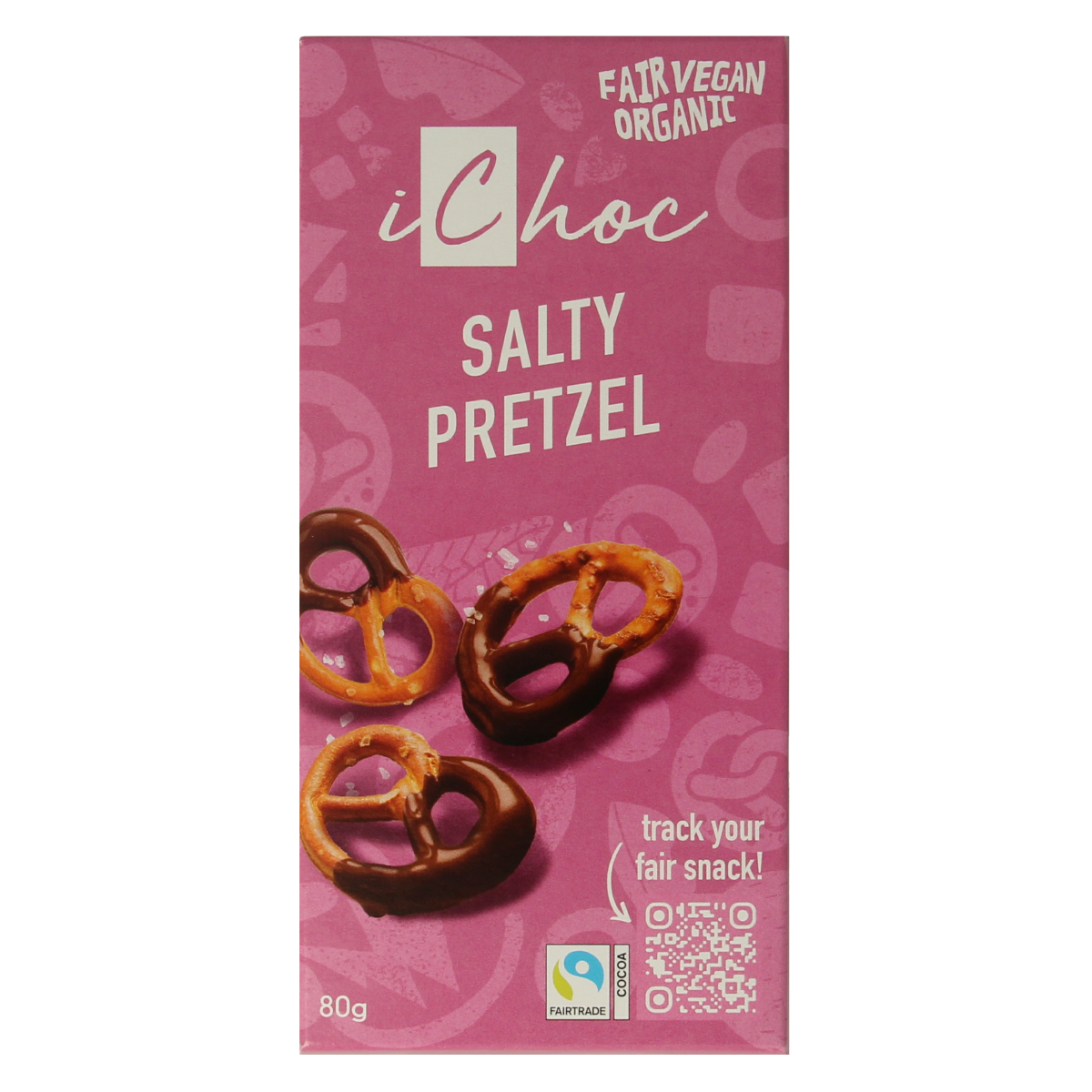Ichoc Salty Pretzel bio, 80g, organic snack with salted pretzels, natural ingredients, suitable for quick snacks or on-the-go.