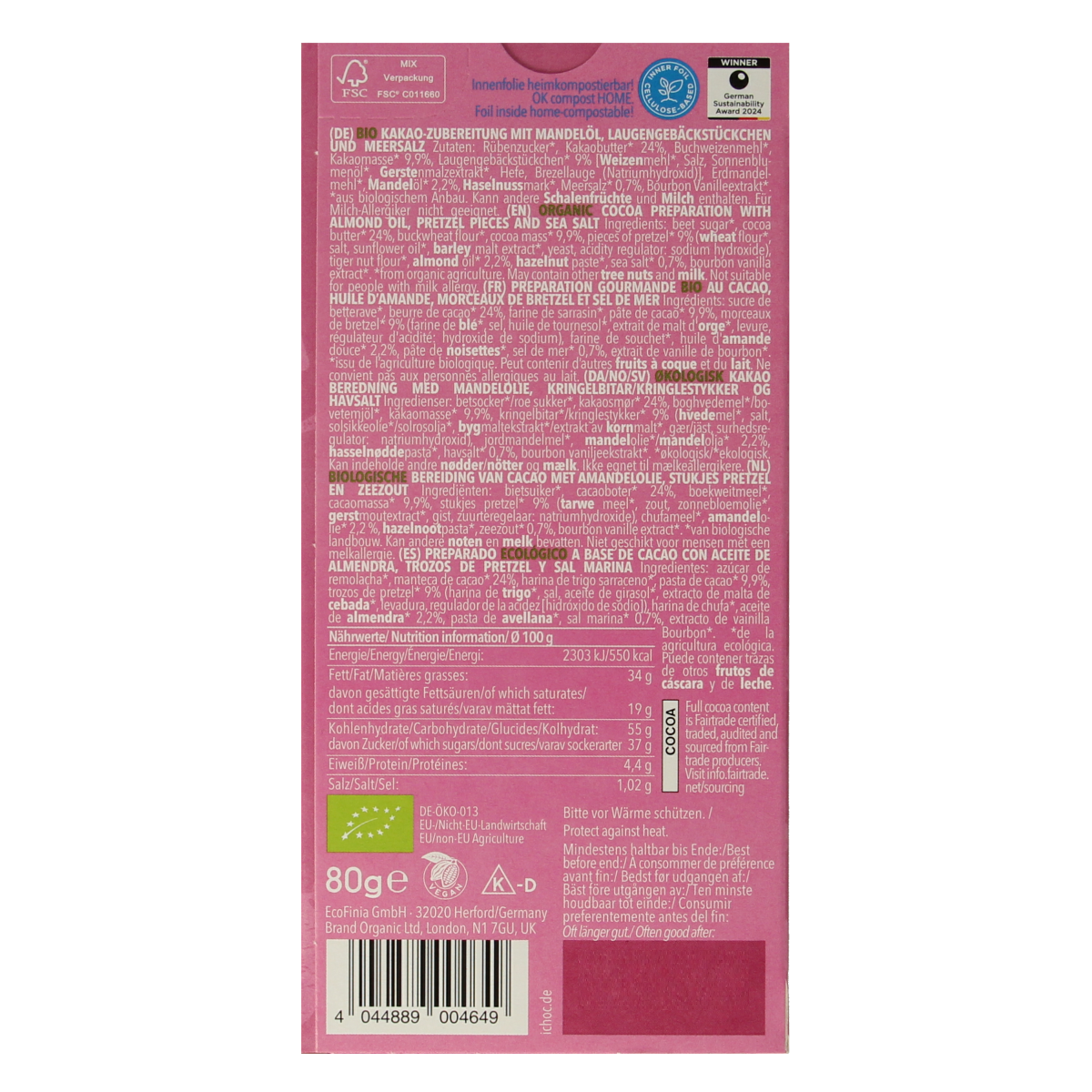 Organic Ichoc Salty Pretzel snack, 80g, with visible pretzel pieces and sea salt, from the Ichoc brand.