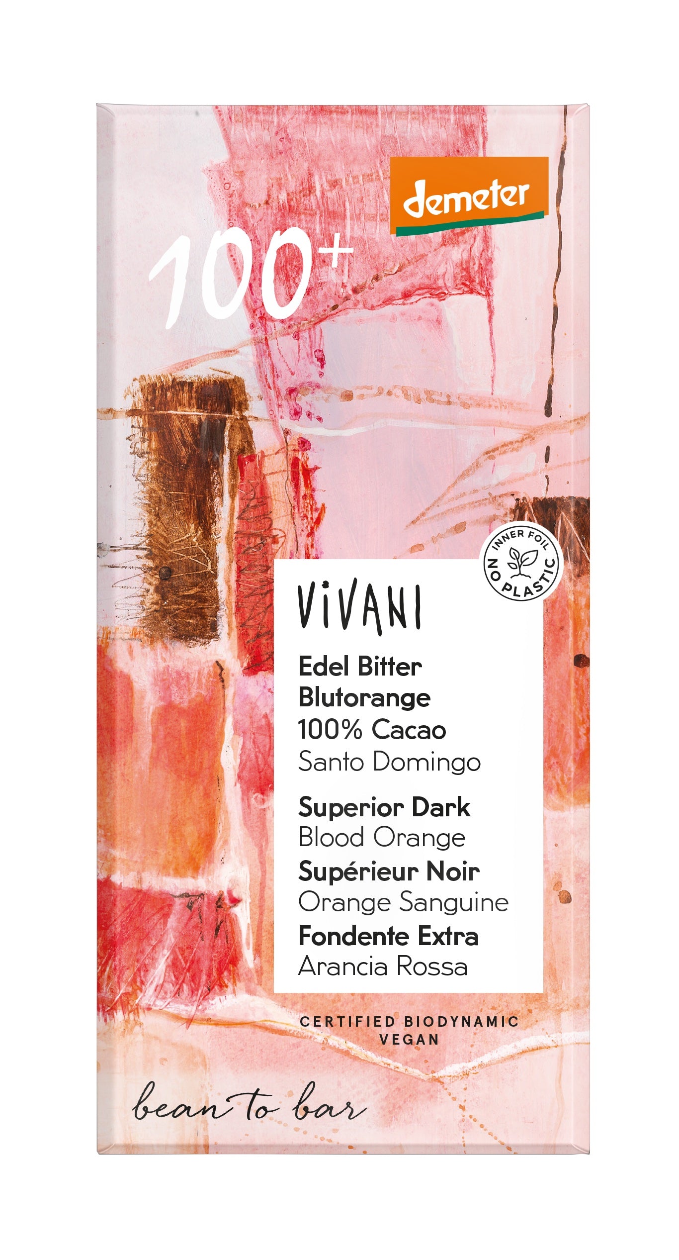Vivani Demeter 100% dark chocolate with bio blood orange flavor, 90g bar, showcasing the chocolate and orange segments.