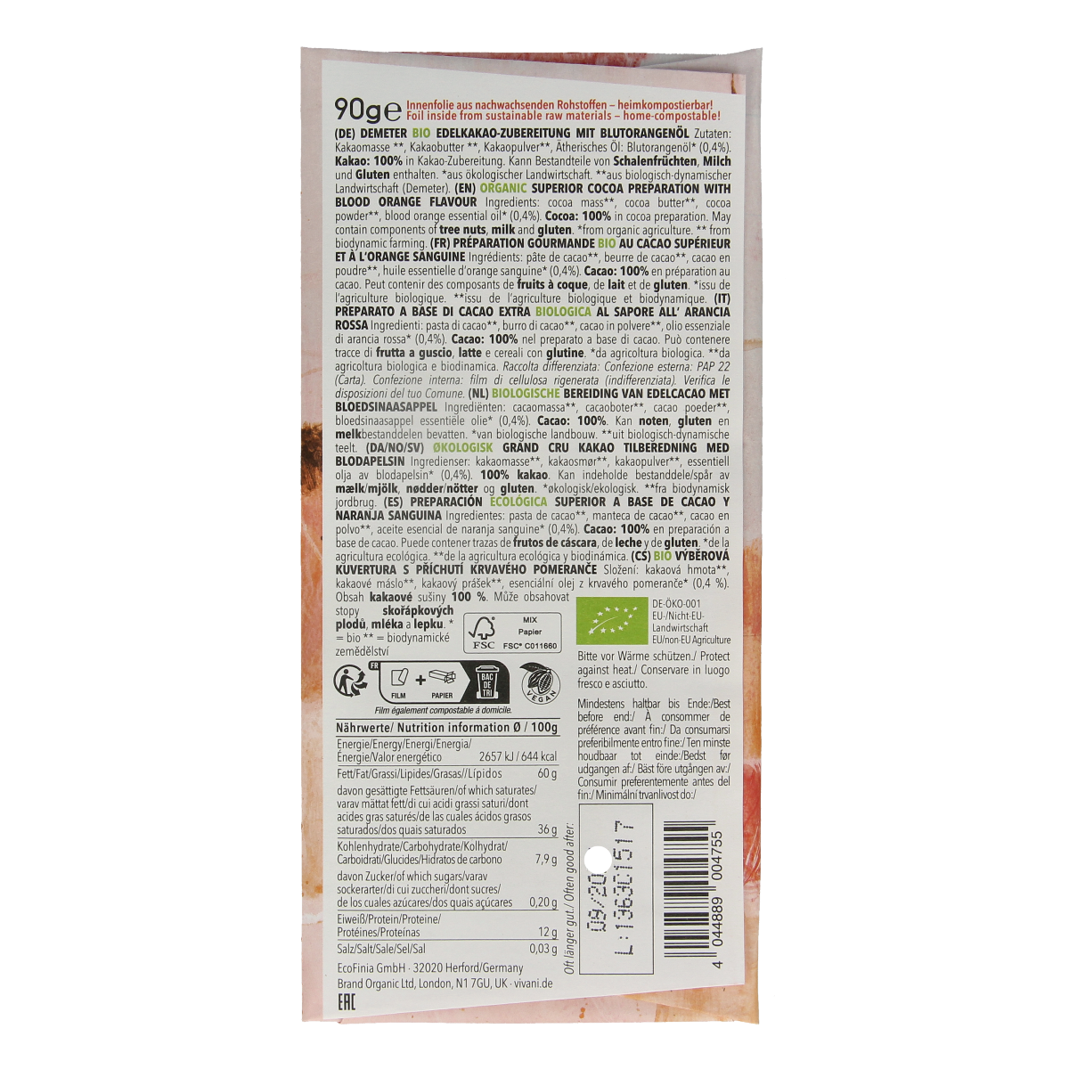 Vivani Demeter pure 100% blood orange bio chocolate bar, 90g, with vibrant orange pieces and dark chocolate texture.