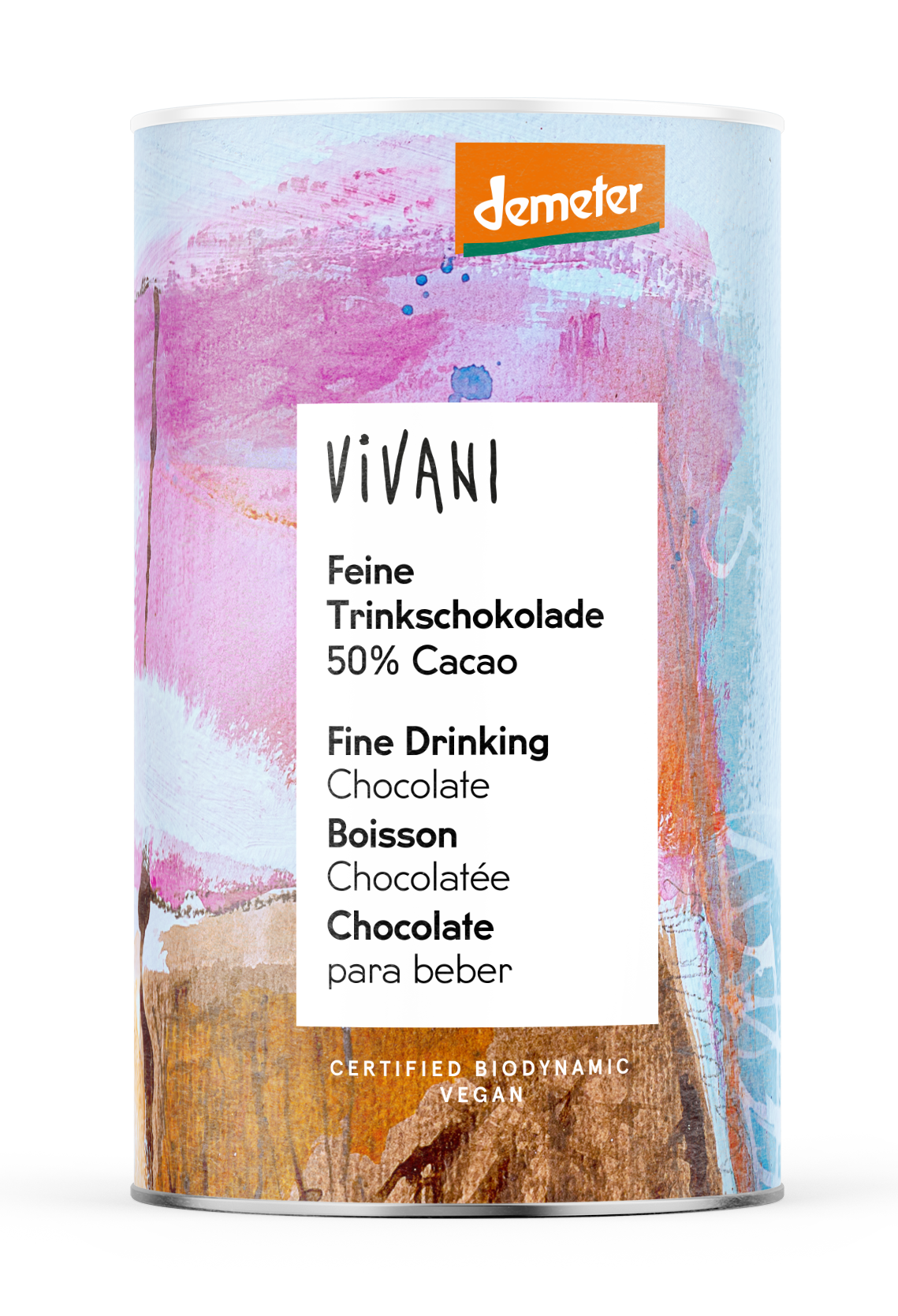 Vivani hot chocolate drink with 50% cacao, organic bio chocolate in 300g package, creamy and rich chocolate beverage.