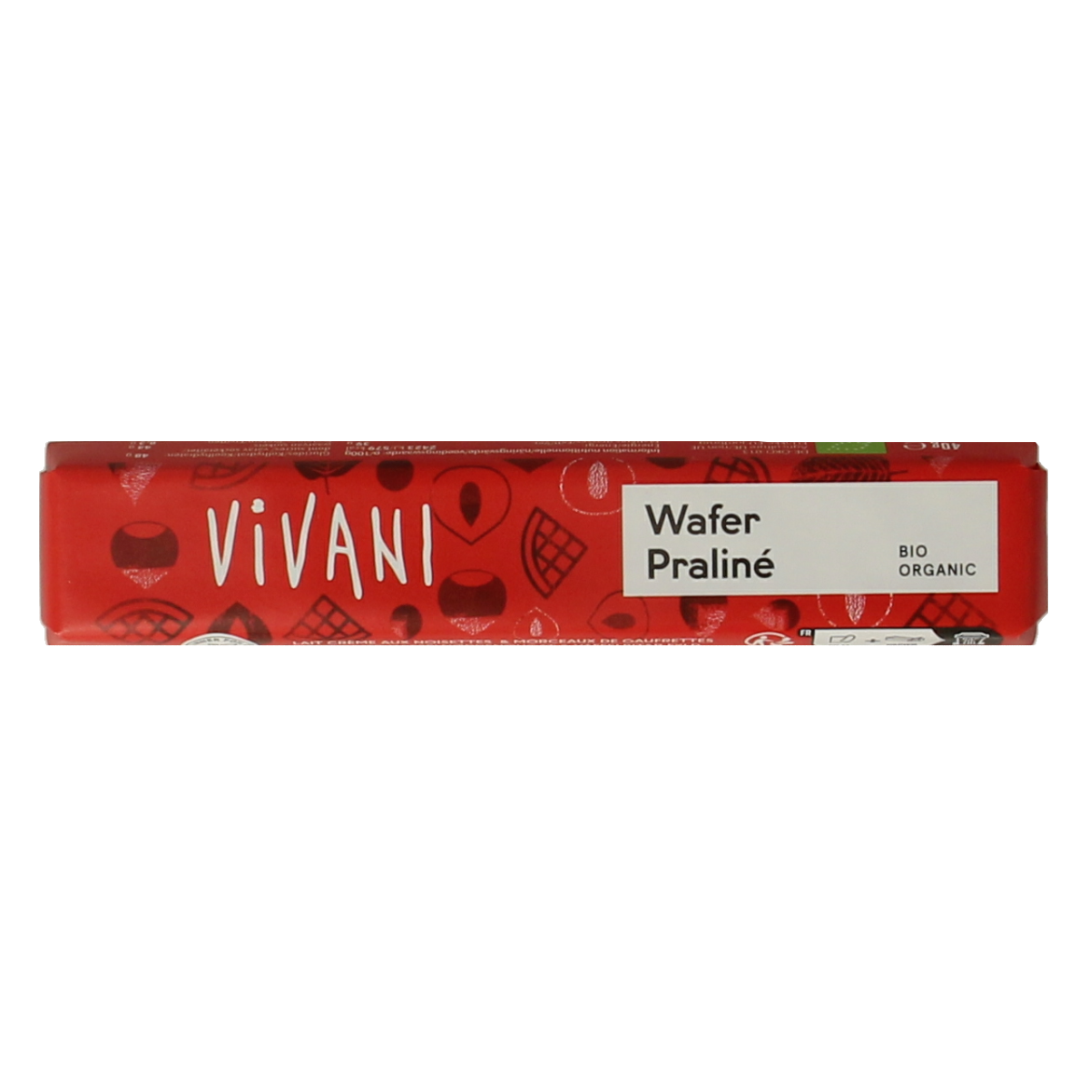 Vivani Chocolate To Go wafer praline bio 40g, a chocolate treat with layered wafers and praline filling in a convenient bar.