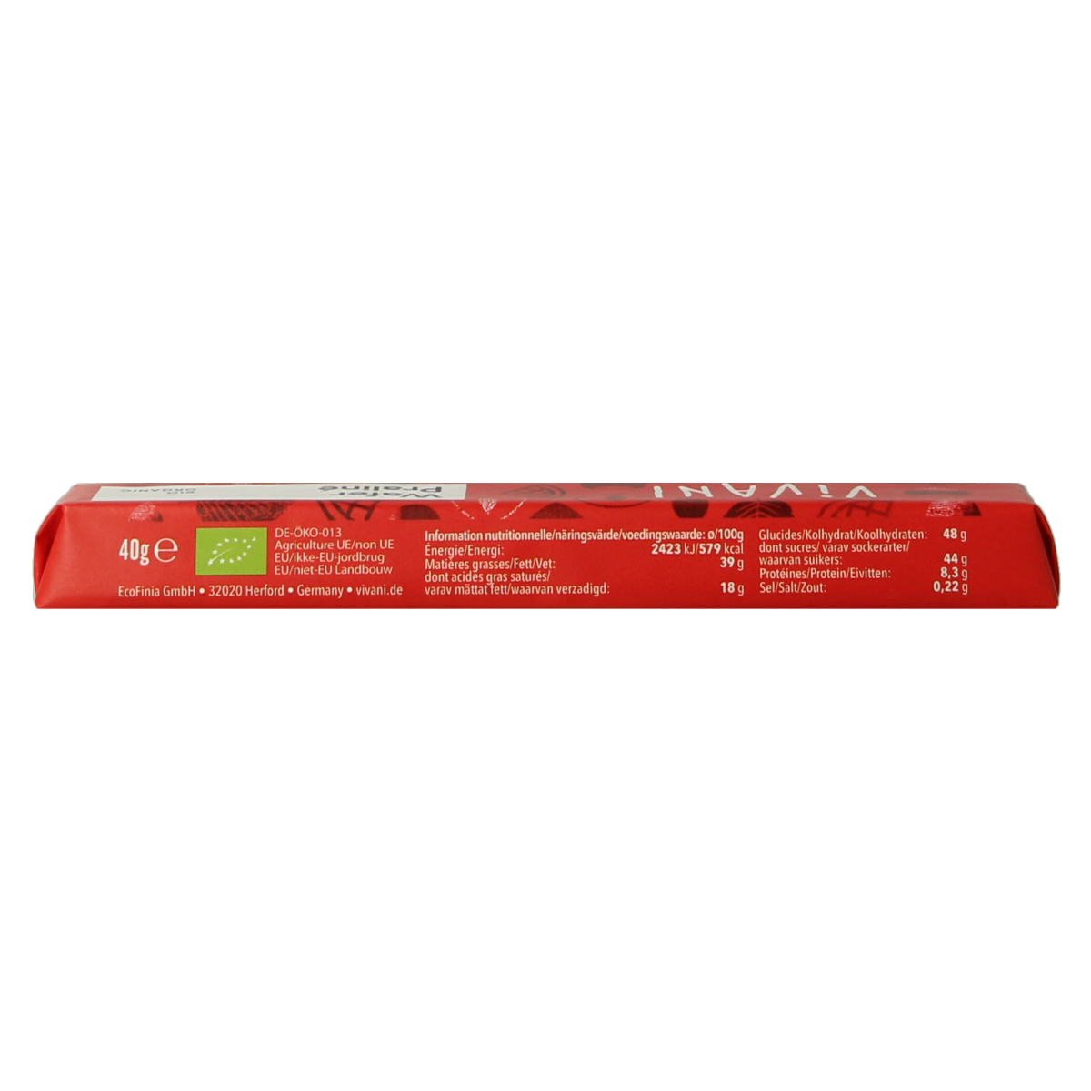Vivani Chocolate To Go wafer praline bio 40g, a chocolate snack with crunchy layers and creamy praline filling.