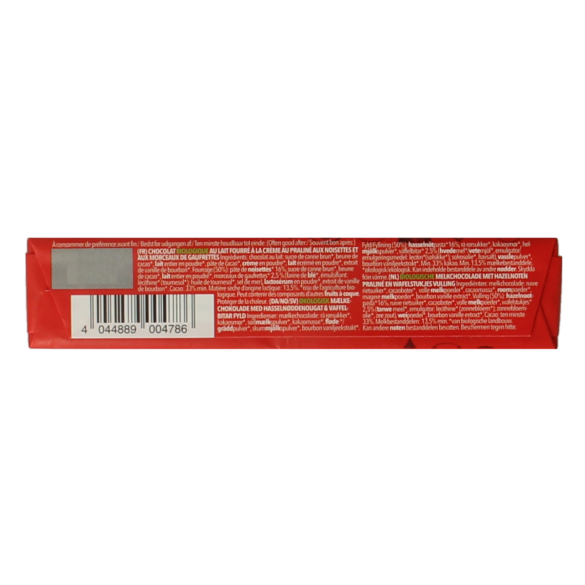 Vivani Chocolate To Go wafer praline bio, 40g, image of a chocolate bar with a crunchy wafer and smooth praline filling.