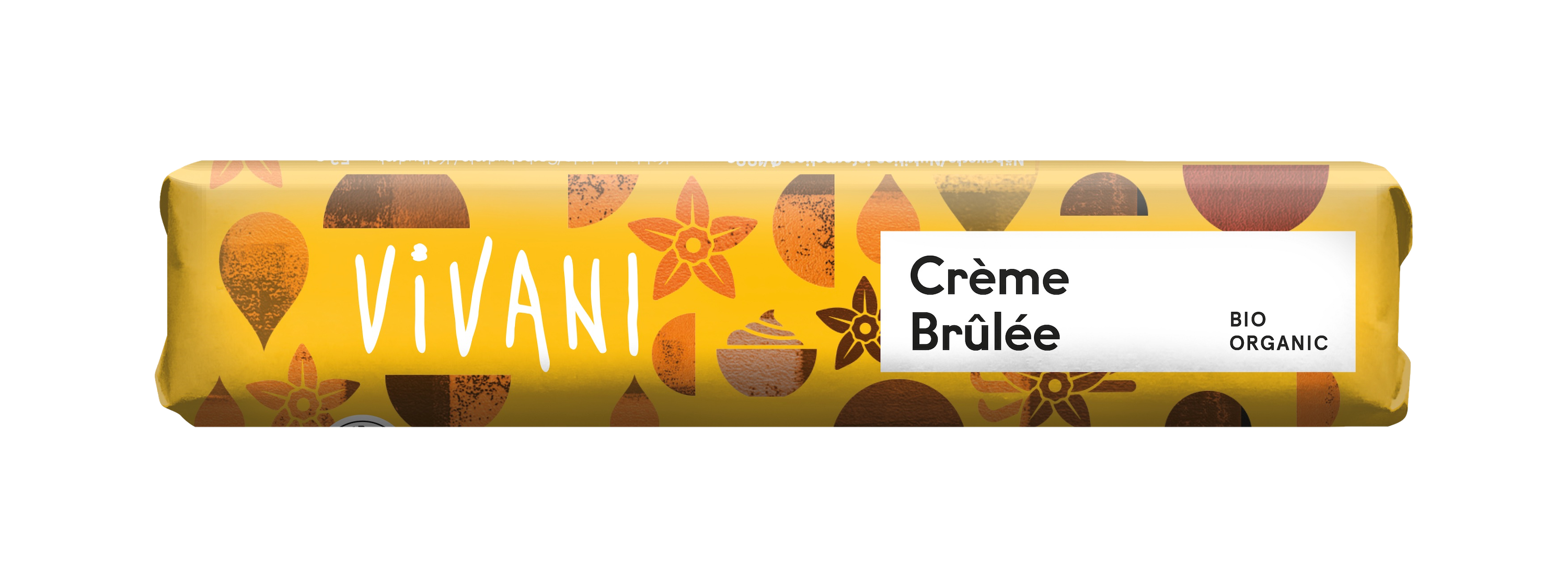 Vivani Chocolate To Go Creme Brulee bio 40g bar showing the packaging and chocolate piece with creme brulee flavor.