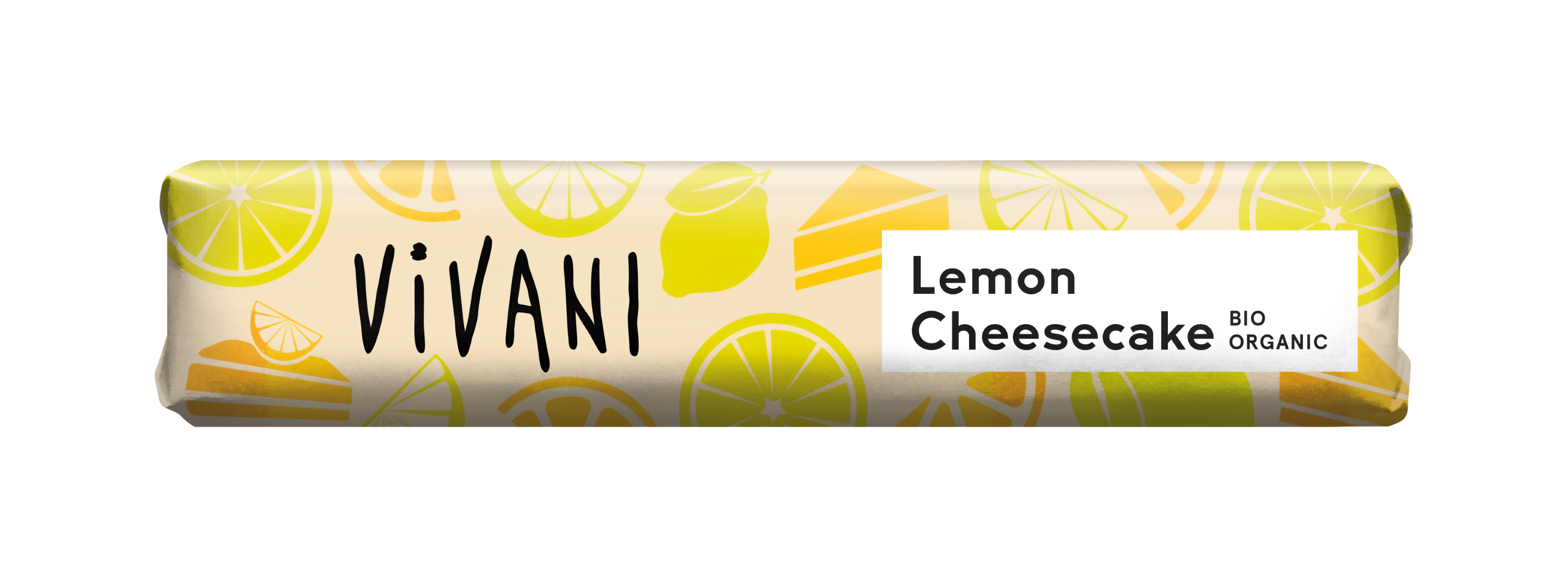 Vivani Lemon Cheesecake Chocolate To Go koeken, bio 40g, with lemon and cheesecake flavor, packaged in a small, individual portion.