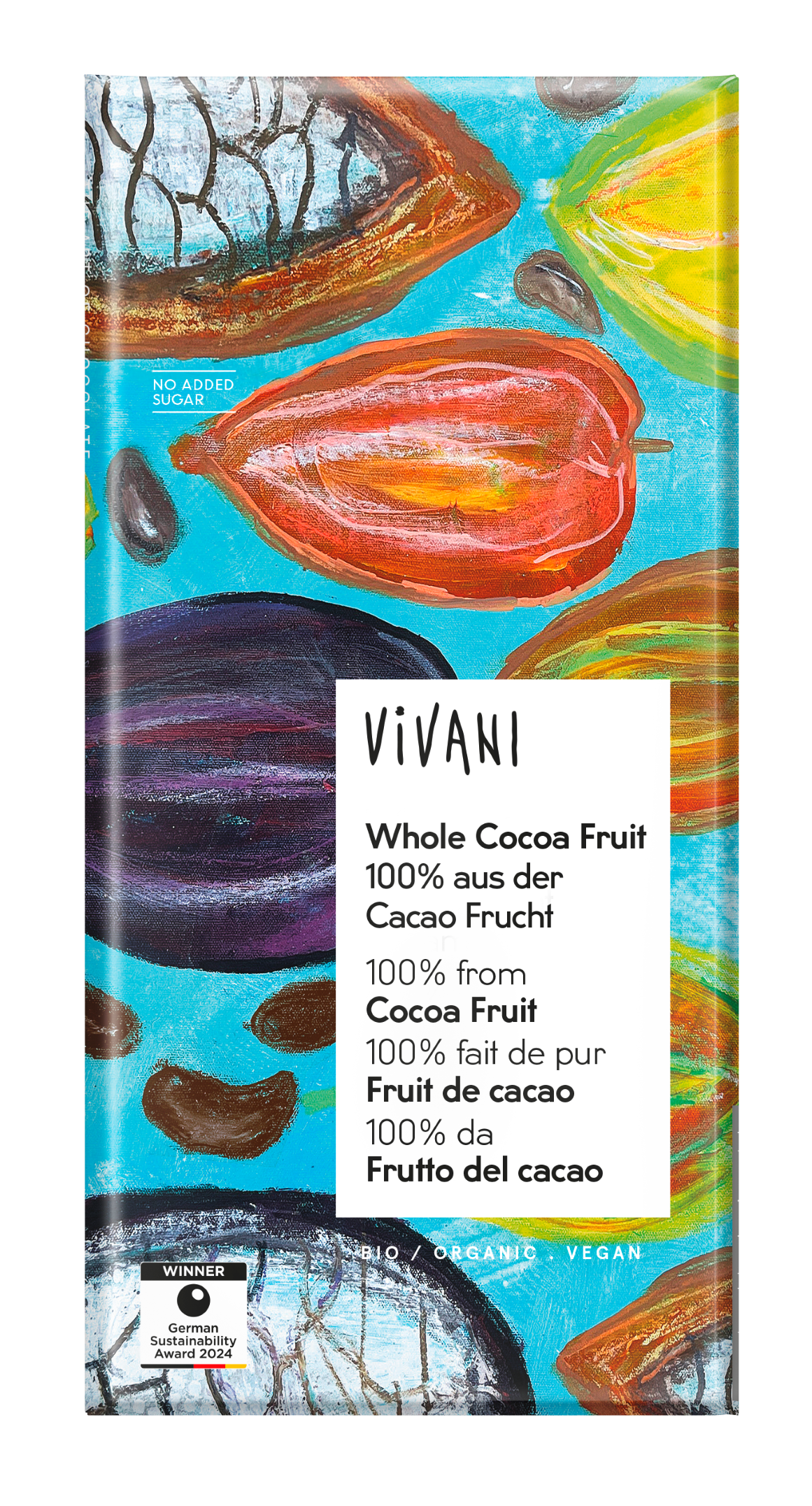 Vivani bio dark chocolate with whole cacao fruit, 80g, showing a bar with cacao pieces and natural cacao texture.