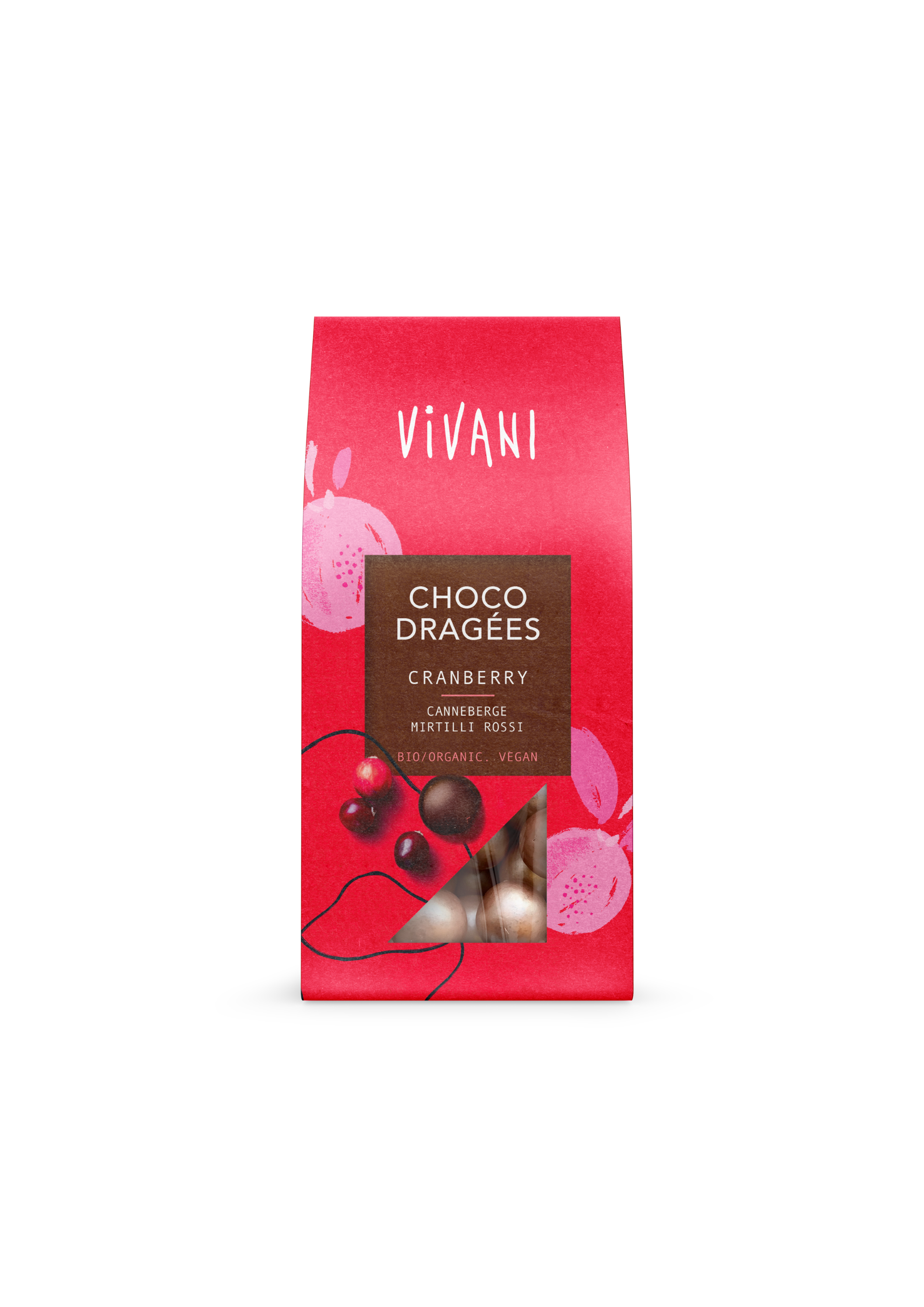 Vivani Choco dragees cranberry bio, Belgian chocolate with crunchy cranberry pieces in a 75g package.
