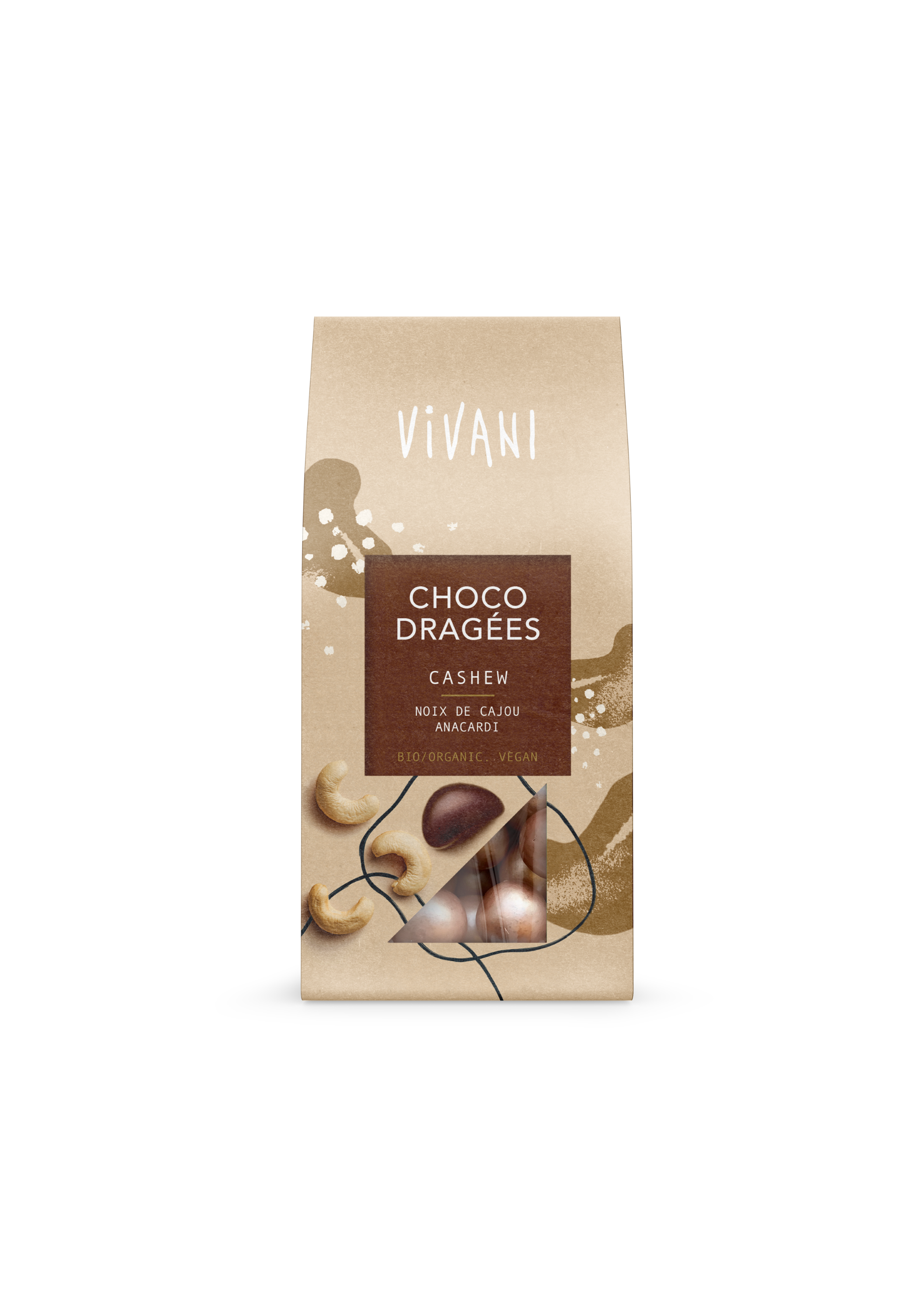 Vivani Choco dragees with cashews, organic chocolate candies in 75g package, featuring shiny coated cashew chocolates.