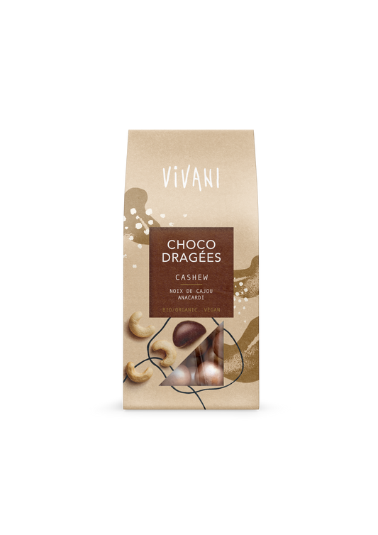 Vivani Choco dragees with cashews, organic chocolate candies in 75g package, featuring shiny coated cashew chocolates.