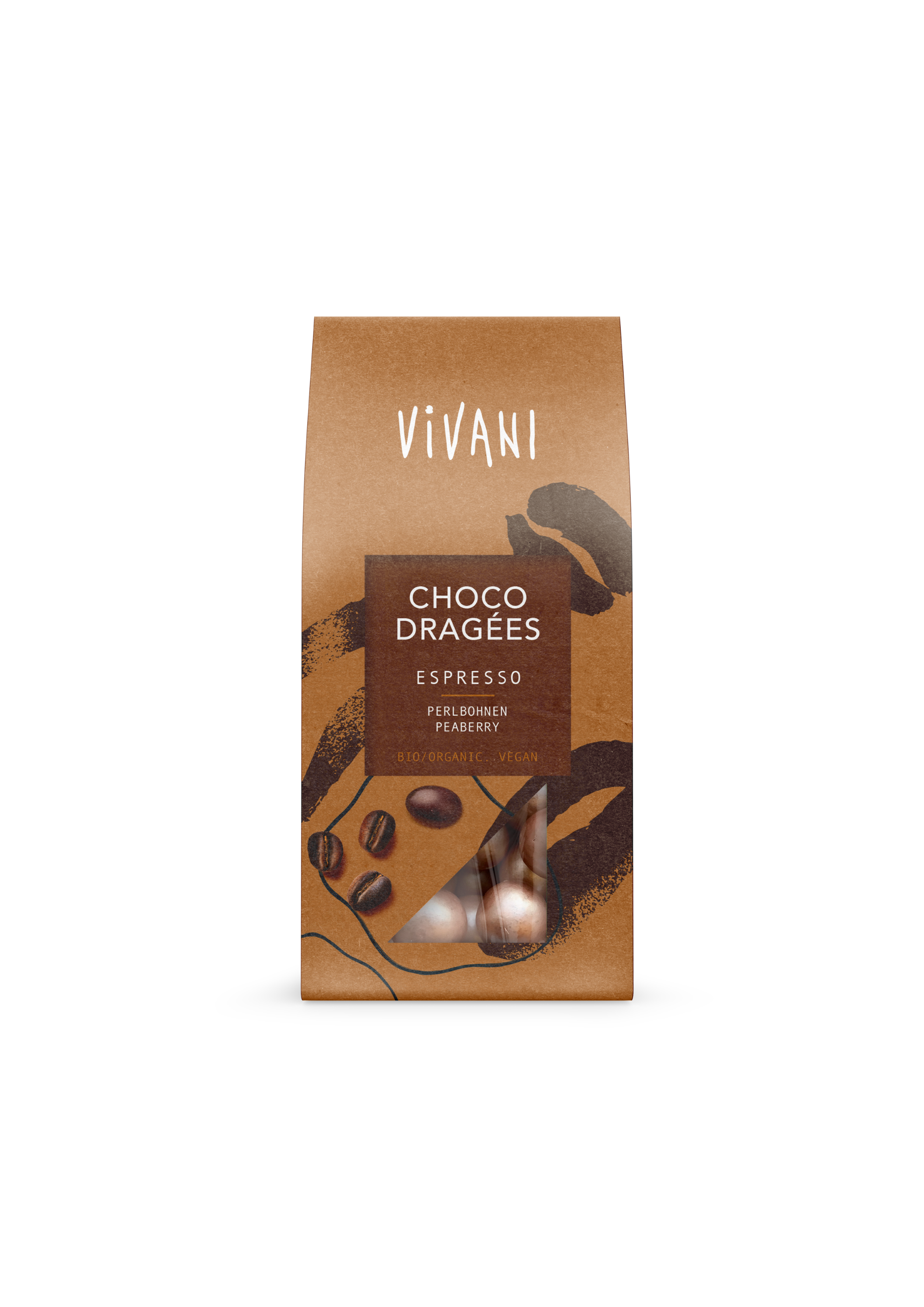 Vivani Choco dragees espressio bio chocolate, 75g, with glossy cocoa-coated candies in a clear bag, showcasing the brand's organic chocolate.