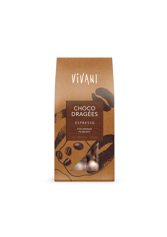 Vivani Choco dragees espressio bio chocolate, 75g, with glossy cocoa-coated candies in a clear bag, showcasing the brand's organic chocolate.