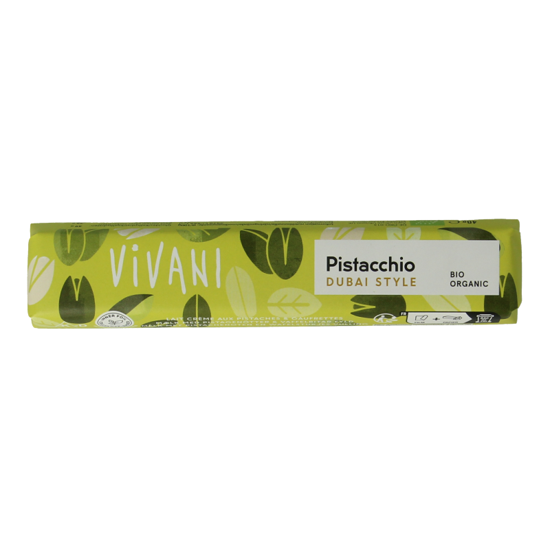 Vivani Pistachio Chocolate To Go bar showing a 40g bio chocolate bar with pistachio pieces on the packaging.