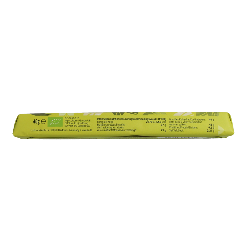 Vivani Bio Chocolate To Go pistachio bar, 40g, featuring rich chocolate with crunchy pistachio nuts in a convenient snack size.