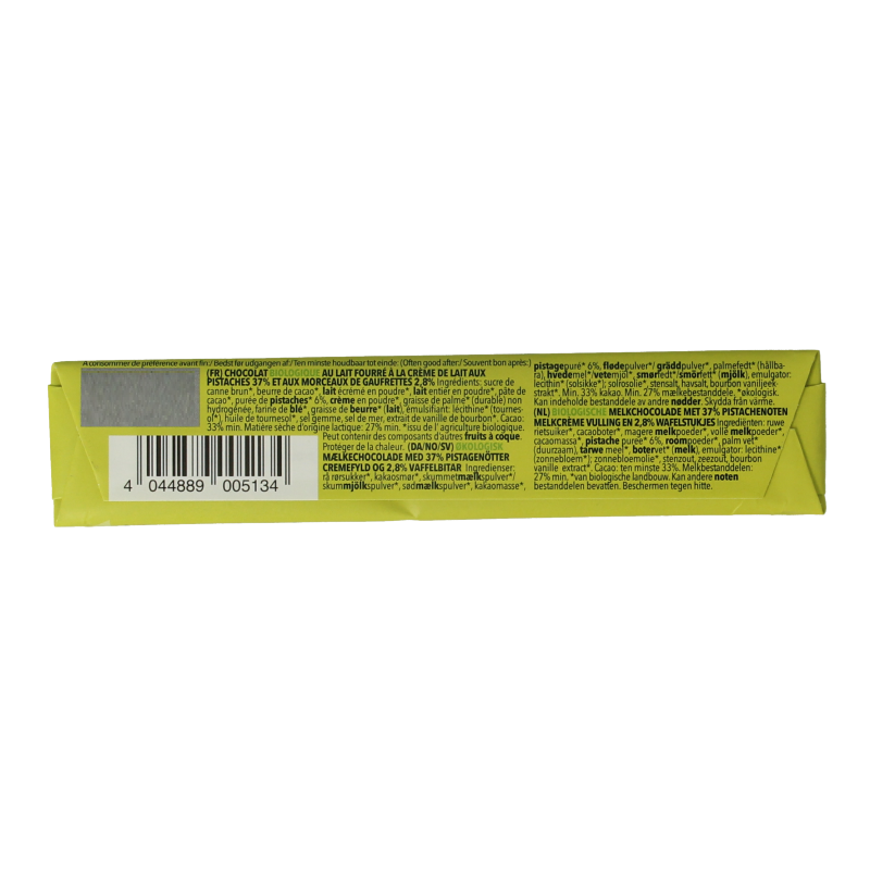 Vivani Organic Pistachio Chocolate To Go bar, 40g, creamy chocolate with crunchy pistachio pieces.