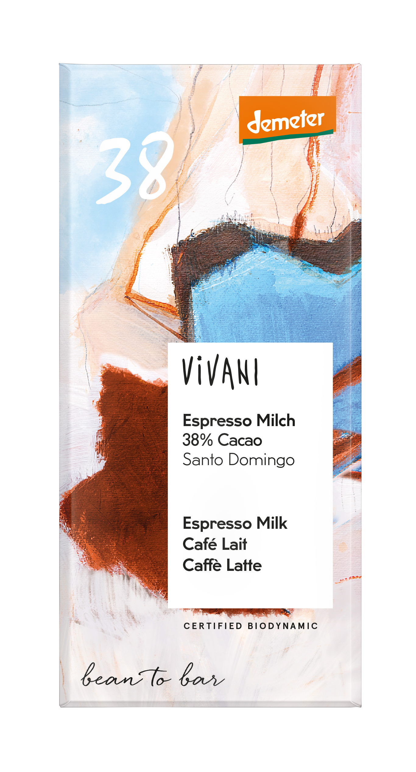 Vivani Demeter milk chocolate with 38% cocoa and espresso flavor, 90g bar, showing smooth chocolate pieces and packaging.