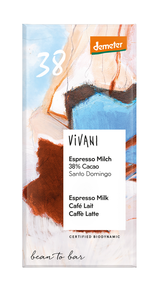 Vivani Demeter milk chocolate with 38% cocoa and espresso flavor, 90g bar, showing smooth chocolate pieces and packaging.