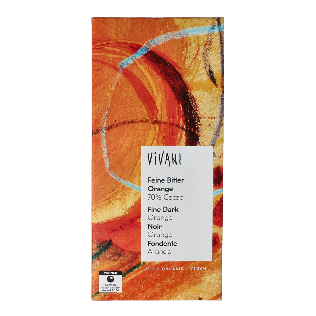 Vivani organic dark chocolate with 70% cocoa and orange flavor, 80g bar, showing the chocolate piece with orange zest.