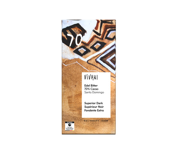 Dark chocolate bar by Vivani with 70% cacao content, 80 grams of organic chocolate in a sleek wrapper.