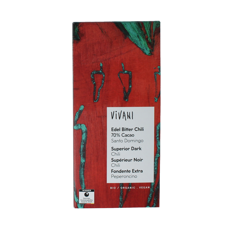 Vivani pure chili dark chocolate 70% cocoa, 80g bar with spicy chili flavor, organic and rich in flavor.