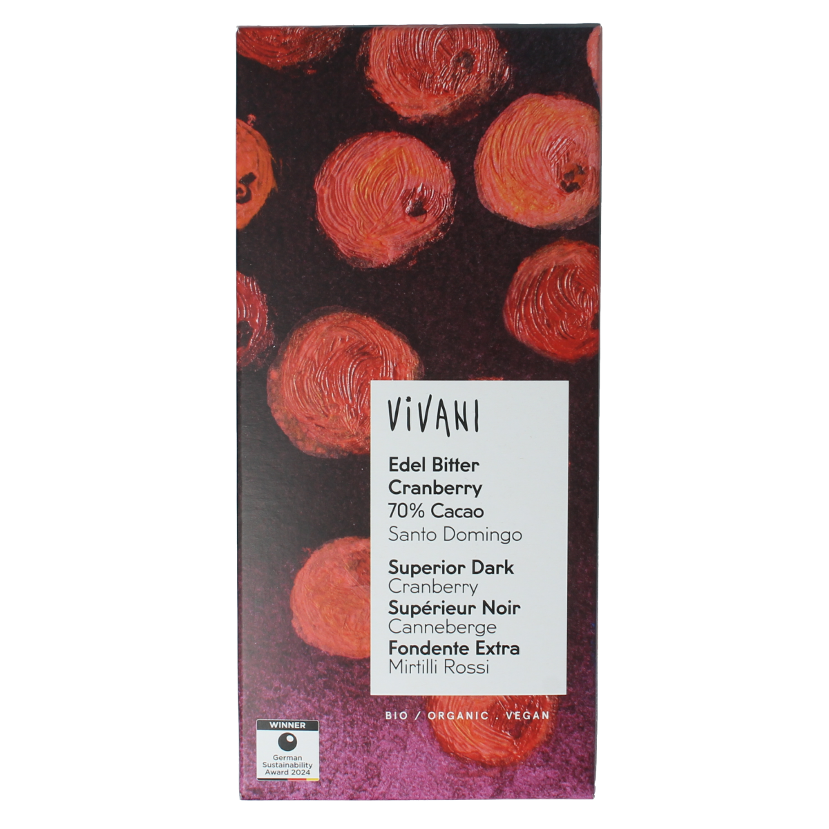 Vivani dark chocolate with cranberry, 70% cocoa, bio, 80g bar, showing the textured chocolate piece with cranberry pieces inside.