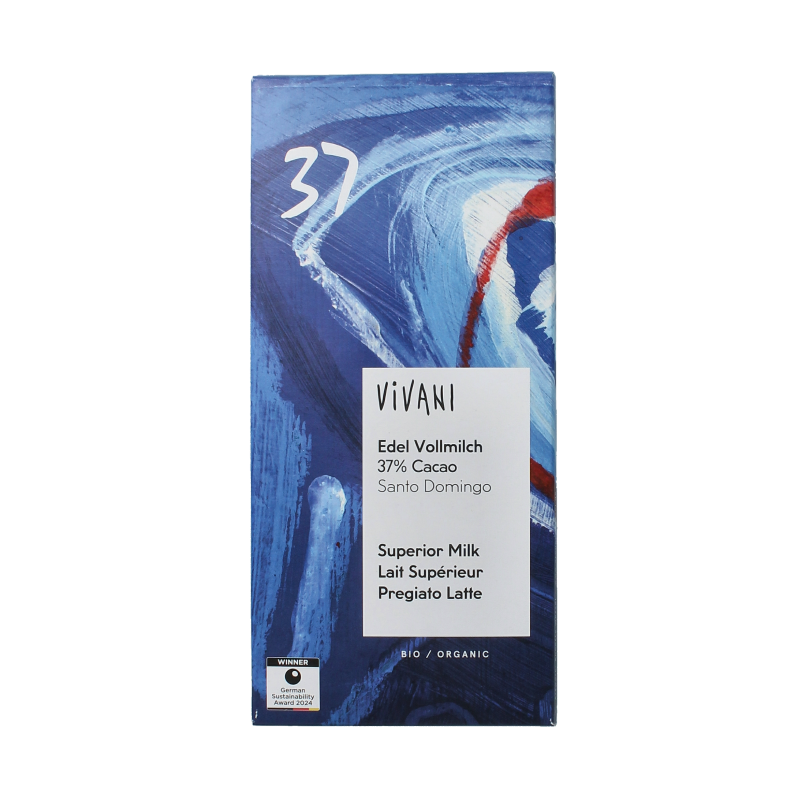 Vivani milk chocolate bar with 37% cocoa content, 80g, shown in the image with smooth, creamy texture and packaging.