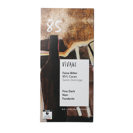 Vivani 85% dark organic chocolate bar, 80g, showing the packaging with rich, dark chocolate visible in the image.