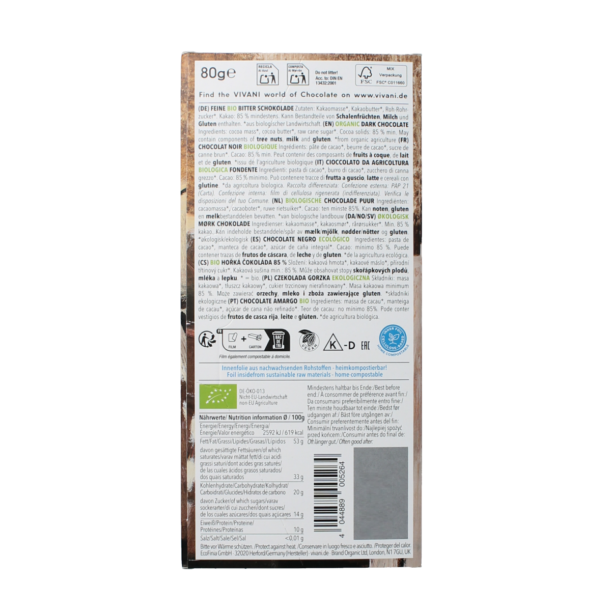 Vivani 85% dark organic chocolate bar, 80g, with rich cocoa content, displayed with packaging and textured chocolate surface.