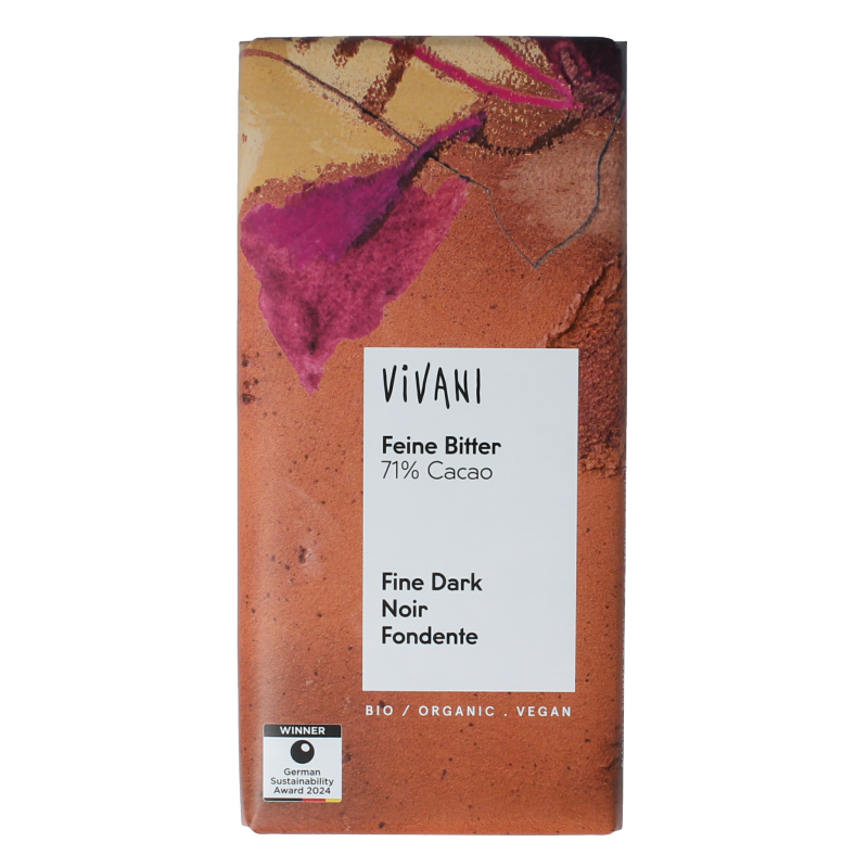 Vivani bio 71% dark chocolate bar, 80 grams, featuring rich, smooth chocolate with a natural cocoa flavor.