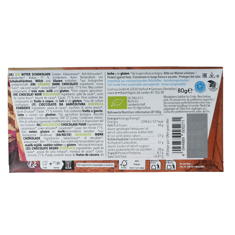 Vivani bio 71% dark chocolate bar with 80 grams, featuring smooth, rich chocolate squares in a sleek packaging.