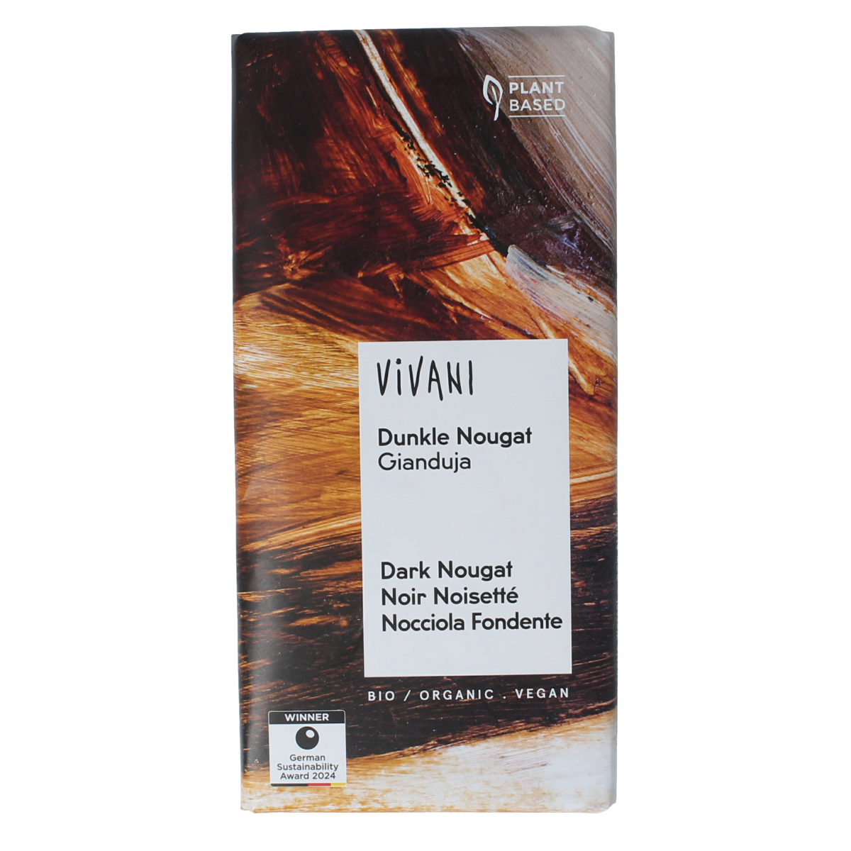 Vivani puur nougat gianduja chocolate bar, 80g, with smooth nougat and rich gianduja filling in a sleek chocolate wrapper.