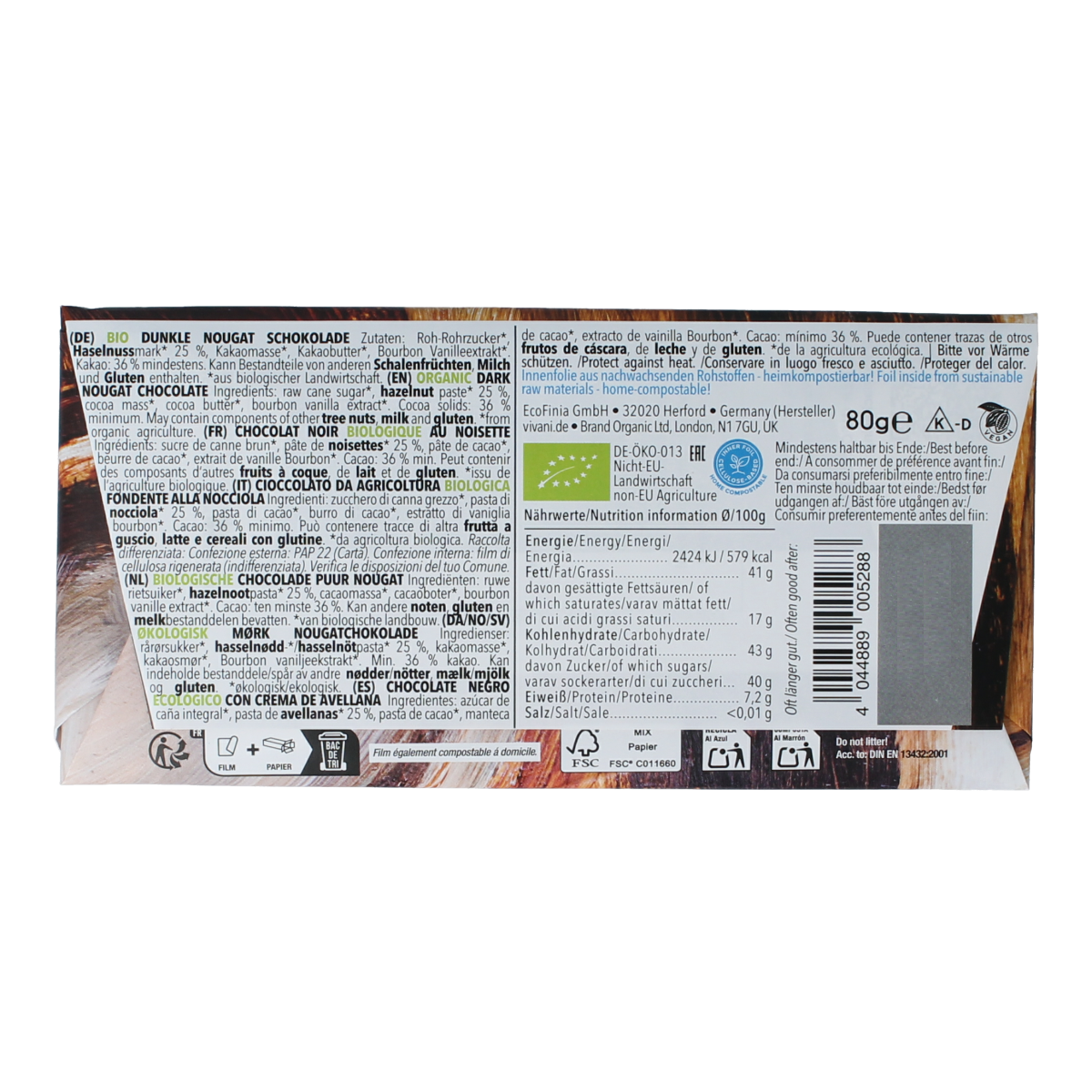 Vivani pure nougat gianduja chocolate bar, 80g, showing smooth chocolate with nougat and hazelnut filling.