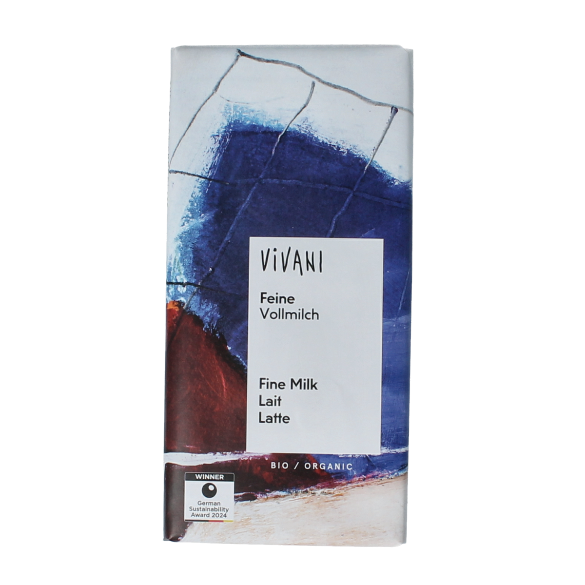 Vivani organic milk chocolate bar, 80g, with smooth milk chocolate visible in the image.