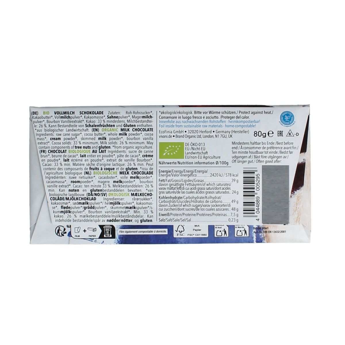 Vivani bio milk chocolate bar, 80g, showing smooth, creamy milk chocolate with a shiny finish in the image.