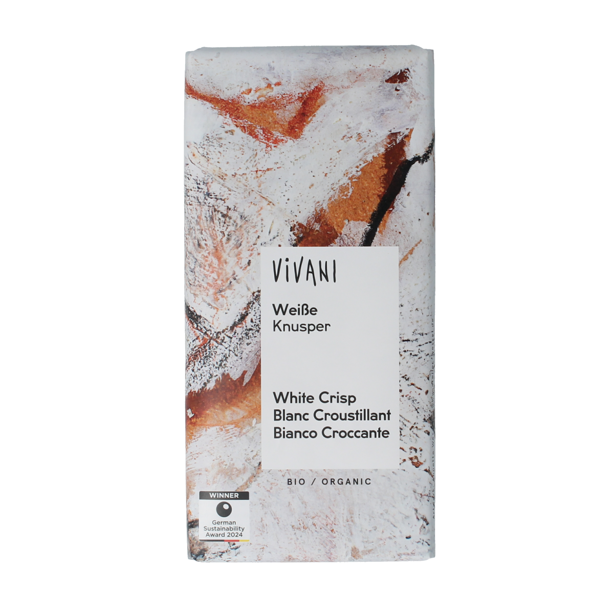 Vivani white chocolate with rice crispies, 80g bio chocolate bar, creamy texture, and crunchy rice pieces in a sleek packaging.