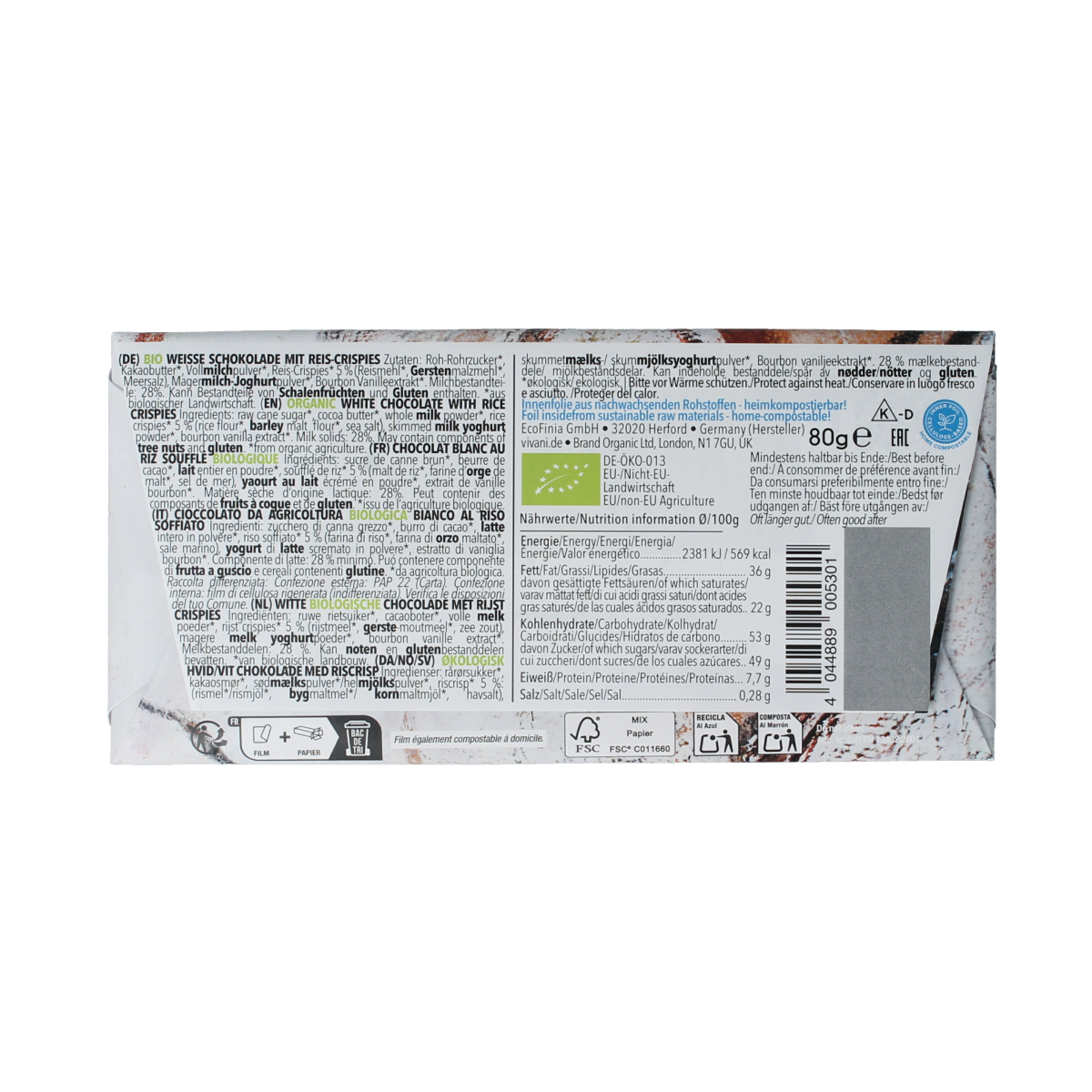 Vivani white chocolate with rice crispies in 80g bar, organic Belgian chocolate with crunchy rice inclusions.