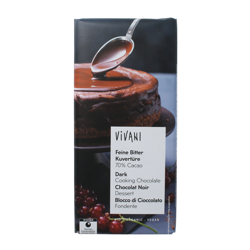 Vivani organic dark chocolate couverture 150g, smooth melted chocolate bar with rich, pure flavor in a sleek packaging.